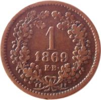 reverse of 1 Krajczár - Franz Joseph I (1868 - 1873) coin with KM# 441 from Hungary. Inscription: 1 1869 K · B