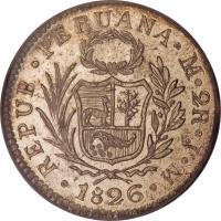 obverse of 2 Reales (1825 - 1840) coin with KM# 141 from Peru. Inscription: REPUB. PERUANA. LIMAE. 2R. J.M. 1830