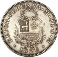 obverse of 8 Reales (1825 - 1857) coin with KM# 142 from Peru. Inscription: REPUB. PERUANA. MAE.8 R. M. M .1832.