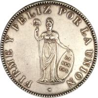 reverse of 8 Reales (1825 - 1857) coin with KM# 142 from Peru. Inscription: FIRME Y FELIZ POR LA UNIÓN