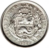 obverse of 1 Real - Transitional Coinage (1859 - 1861) coin with KM# 181 from Peru. Inscription: REPUBLICA PERUANA 9 DÉCIMOS FINO LIMA Y.B. 1860