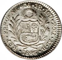 obverse of 1 Real (1826 - 1856) coin with KM# 145 from Peru. Inscription: REPUB. PERUANA