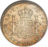 Peru coin 1 Real - Ferdinand VII - Colonial Milled Coinage (1811 - 1824) reverse reverse of 1 Real - Ferdinand VII - Colonial Milled Coinage (1811 - 1824) coin with KM# 114 from Peru. Inscription: · HISPAN · ET IND · REX · LME · 1R · J · P ·