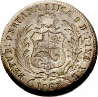 obverse of 1/2 Dinero - South Peru (1863 - 1864) coin with KM# 189 from Peru. Inscription: REPUB * PERUANA LIMA 9 D: FINO Y.B. 1864