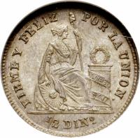 Peru coin 1/2 Dinero - South Peru (1863 - 1864) reverse reverse of 1/2 Dinero - South Peru (1863 - 1864) coin with KM# 189 from Peru. Inscription: FIRME Y FELIZ POR LA UNION 1/2 DINo