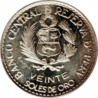 obverse of 20 Soles de Oro - Battle of Callao (1966) coin with KM# 249 from Peru. Inscription: BANCO CENTRAL D RESERVA DL PERV VEINTE SOLES DE ORO