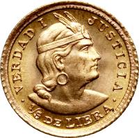 Peru coin 1/5 Libra - Trade Coinage (1906 - 1969) reverse reverse of 1/5 Libra - Trade Coinage (1906 - 1969) coin with KM# 210 from Peru. Inscription: VERDAD 1 JUSTICIA · 1/5 DE LIBRA ·