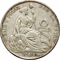 Peru coin 1 Sol (1922 - 1923) reverse reverse of 1 Sol (1922 - 1923) coin with KM# 217 from Peru. Inscription: FIRME Y FELIZ POR LA UNION