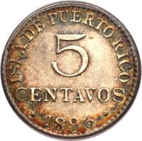 obverse of 5 Centavos - Alfonso XIII (1896) coin with KM# 20 from Puerto Rico. Inscription: ISLA DE PUERTO RICO 5 CENTAVOS * 1896 *