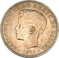 obverse of 1 Peso - Alfonso XIII (1895) coin with KM# 24 from Puerto Rico. Inscription: ALFONSO XIII P.L.G.D.D.REY C.DE ESPAÑA * 1895 *