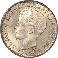 obverse of 10 Centavos - Alfonso XIII (1896) coin with KM# 21 from Puerto Rico. Inscription: ALFONSO XIII P.L.G.D.D. REY C. DE ESPANA B.M. * 1896 *