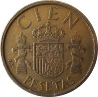Spain coin 100 Pesetas - Juan Carlos I - Denomination CIEN (1982 - 1990) reverse reverse of 100 Pesetas - Juan Carlos I - Denomination CIEN (1982 - 1990) coin with KM# 826 from Spain. Inscription: CIEN PLVS VLTRA M PESETAS