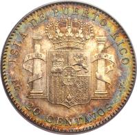 reverse of 20 Centavos - Alfonso XIII (1895) coin with KM# 22 from Puerto Rico. Inscription: ISLA DE PUERTO RICO PLUS ULTRA P · G · 20 CENTAVOS · V ·