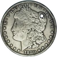 obverse of 1 Dollar - Countermarked (1884) coin from Puerto Rico. Inscription: E · PLURIBUS · UNUM LIBERTY 1880
