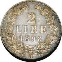 San Marino coin 2 Lire (1898 - 1906) reverse reverse of 2 Lire (1898 - 1906) coin with KM# 5 from San Marino. Inscription: 2 LIRE 1898 R