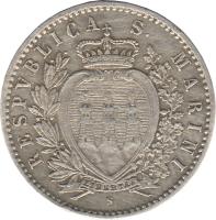 obverse of 50 Centesimi (1898) coin with KM# 3 from San Marino. Inscription: RESPVBLICA S. MARINI LIBERTAS S