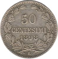 reverse of 50 Centesimi (1898) coin with KM# 3 from San Marino. Inscription: 50 CENTESIMI 1898 R