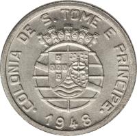 obverse of 1 Escudo (1948) coin with KM# 9 from São Tomé and Príncipe. Inscription: .COLONIA DE S. TOMÉ E PRINCIPE. 1948