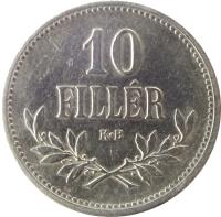 Hungary coin 10 Fillér - Franz Joseph I (1914 - 1916) reverse reverse of 10 Fillér - Franz Joseph I (1914 - 1916) coin with KM# 494 from Hungary. Inscription: 10 FILLÉR K · B