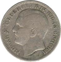 obverse of 1 Dinar - Milan Obrenović IV (1879) coin with KM# 10 from Serbia. Inscription: МИЛАН М. ОБРЕНОВИЋ IV. КЊАЗ СРПСКИ TASSET