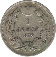 reverse of 1 Dinar - Milan Obrenović IV (1879) coin with KM# 10 from Serbia. Inscription: 1 ДИНАР 1879