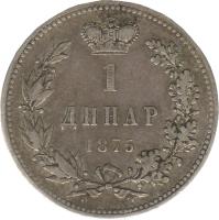 Serbia coin 1 Dinar - Milan Obrenović IV (1875) reverse reverse of 1 Dinar - Milan Obrenović IV (1875) coin with KM# 5 from Serbia. Inscription: 1 ДИНР 1875