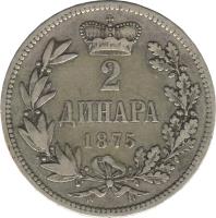 Serbia coin 2 Dinara - Milan Obrenović IV (1875) reverse reverse of 2 Dinara - Milan Obrenović IV (1875) coin with KM# 6 from Serbia. Inscription: 2 ДИНАРA 1875