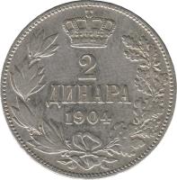 Serbia coin 2 Dinara - Peter I (1904 - 1915) reverse reverse of 2 Dinara - Peter I (1904 - 1915) coin with KM# 26 from Serbia. Inscription: 2 ДИНАРA 1904