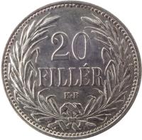 reverse of 20 Fillér - Franz Joseph I (1892 - 1914) coin with KM# 483 from Hungary. Inscription: 20 FILLÉR K · B