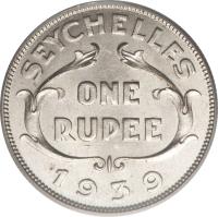 Seychelles coin 1 Rupee - George VI (1939) reverse reverse of 1 Rupee - George VI (1939) coin with KM# 4 from Seychelles. Inscription: SEYCHELLES ONE RUPEE 1939