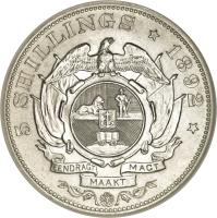reverse of 5 Shillings (1892) coin with KM# 8 from South Africa. Inscription: 5 SHILLINGS * 1892 * EENDRAGT MAAKT MAGT