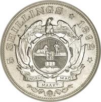 South Africa coin 5 Shillings (1892) reverse reverse of 5 Shillings (1892) coin with KM# 8 from South Africa. Inscription: 5 SHILLINGS * 1892 * EENDRAGT MAAKT MAGT
