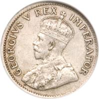 obverse of 3 Pence - George V (1923 - 1925) coin with KM# 15a from South Africa. Inscription: GEORGIUS V REX IMPERATOR