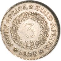 reverse of 3 Pence - George V (1923 - 1925) coin with KM# 15a from South Africa. Inscription: SOUTH · AFRICA ZUID · AFRIKA 1925