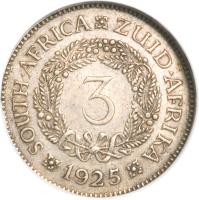 South Africa coin 3 Pence - George V (1923 - 1925) reverse reverse of 3 Pence - George V (1923 - 1925) coin with KM# 15a from South Africa. Inscription: SOUTH · AFRICA ZUID · AFRIKA 1925