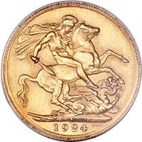 South Africa coin 1 Sovereign - George V (1923 - 1928) reverse reverse of 1 Sovereign - George V (1923 - 1928) coin with KM# 21 from South Africa. Inscription: 1927