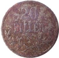 reverse of 20 Fillér - Karl I (1914 - 1922) coin with KM# 498 from Hungary. Inscription: 20 FILLÉR K · B