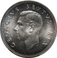 obverse of 2 1/2 Shillings - George VI - Type 1 denomination (1948 - 1950) coin with KM# 39.1 from South Africa. Inscription: GEORGIVS SEXTUS REX HP