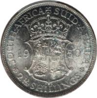 reverse of 2 1/2 Shillings - George VI - Type 1 denomination (1948 - 1950) coin with KM# 39.1 from South Africa. Inscription: SOUTH-AFRICA SUID-AFRIKA 1950 KG 2½ SHILLINGS