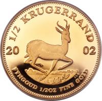 South Africa coin 1/2 Krugerrand (1980 - 2013) reverse reverse of 1/2 Krugerrand (1980 - 2013) coin with KM# 107 from South Africa. Inscription: 1/2 KRUGERRAND 20 02 FYNGOUD 1/2OZ FINE GOLD