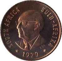 obverse of 1/2 Cent - Nicolaas Johannes Diederichs (1979) coin with KM# 97 from South Africa. Inscription: SOUTH AFRICA · SUID-AFRIKA L.D.L. 1979