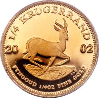 South Africa coin 1/4 Krugerrand (1980 - 2012) reverse reverse of 1/4 Krugerrand (1980 - 2012) coin with KM# 106 from South Africa. Inscription: 1/4 2002