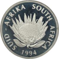 obverse of 1 Rand - Conservation - Protea Silver Bullion (1994) coin with KM# 167 from South Africa. Inscription: SUID-AFRIKA SOUTH AFRICA ALS 1994