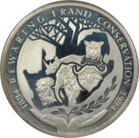 reverse of 1 Rand - Conservation - Protea Silver Bullion (1994) coin with KM# 167 from South Africa. Inscription: 1894 BEWARING 1 RAND CONSERVATION 1994 LL