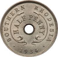 reverse of 1/2 Penny - George V (1934 - 1936) coin with KM# 6 from Southern Rhodesia. Inscription: SOUTHERN RHODESIA HALF PENNY · 1934 ·