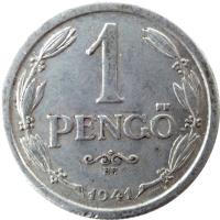 reverse of 1 Pengő - Miklós Horthy (1941 - 1944) coin with KM# 521 from Hungary. Inscription: 1 PENGŐ BP. 1941