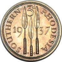 reverse of 3 Pence - George VI (1937) coin with KM# 9 from Southern Rhodesia. Inscription: Southern 3d Rhodesia 1937 KG