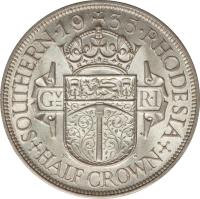 Southern Rhodesia coin 1/2 Crown - George V (1932 - 1936) reverse reverse of 1/2 Crown - George V (1932 - 1936) coin with KM# 5 from Southern Rhodesia. Inscription: SOUTHERN · 19 34 · RHODESIA Gv R · I +HALF CROWN+
