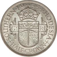 reverse of 1/2 Crown - George V (1932 - 1936) coin with KM# 5 from Southern Rhodesia. Inscription: SOUTHERN · 19 34 · RHODESIA Gv R · I +HALF CROWN+