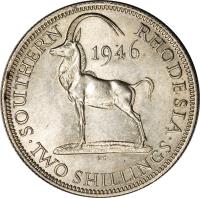 reverse of 2 Shillings - George VI (1944 - 1946) coin with KM# 19a from Southern Rhodesia. Inscription: SOUTHERN RHODESIA 1946 · TWO SHILLINGS ·